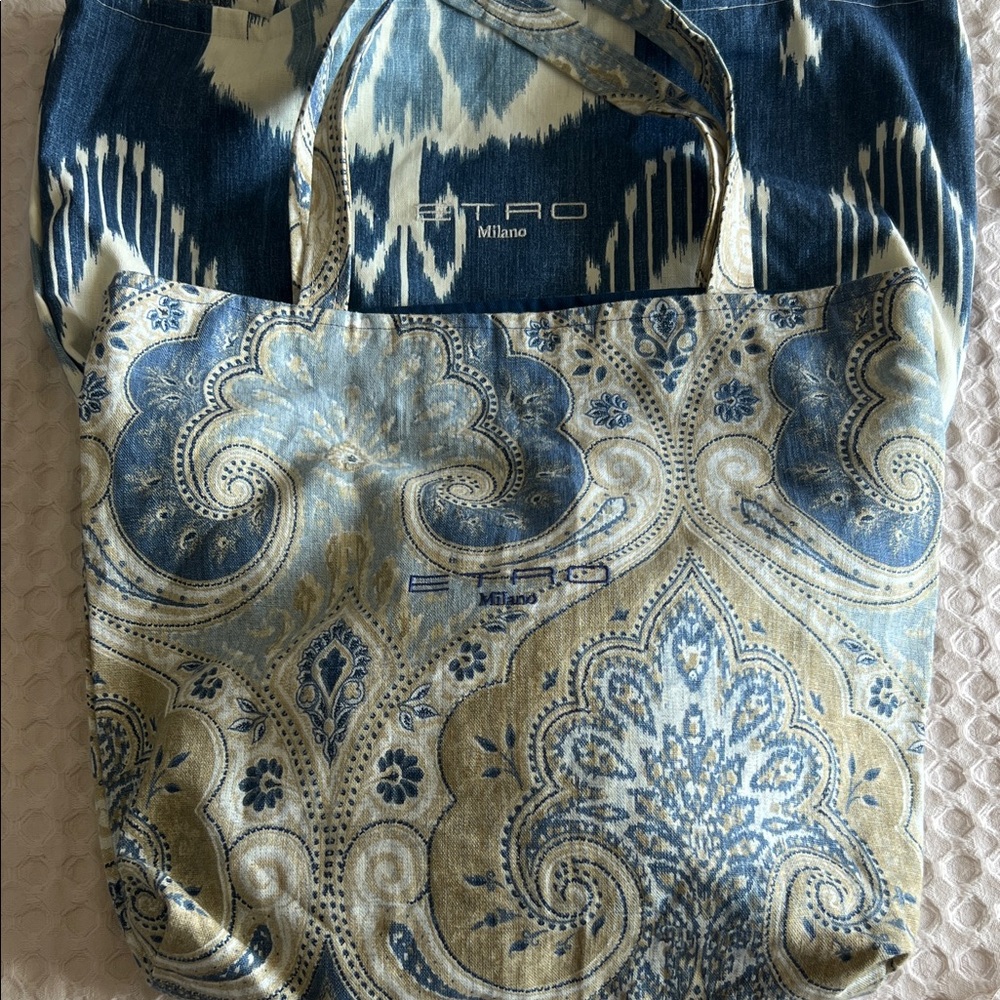 Blue and Beige Paisley Tote Bag and three other multi color bags with logo